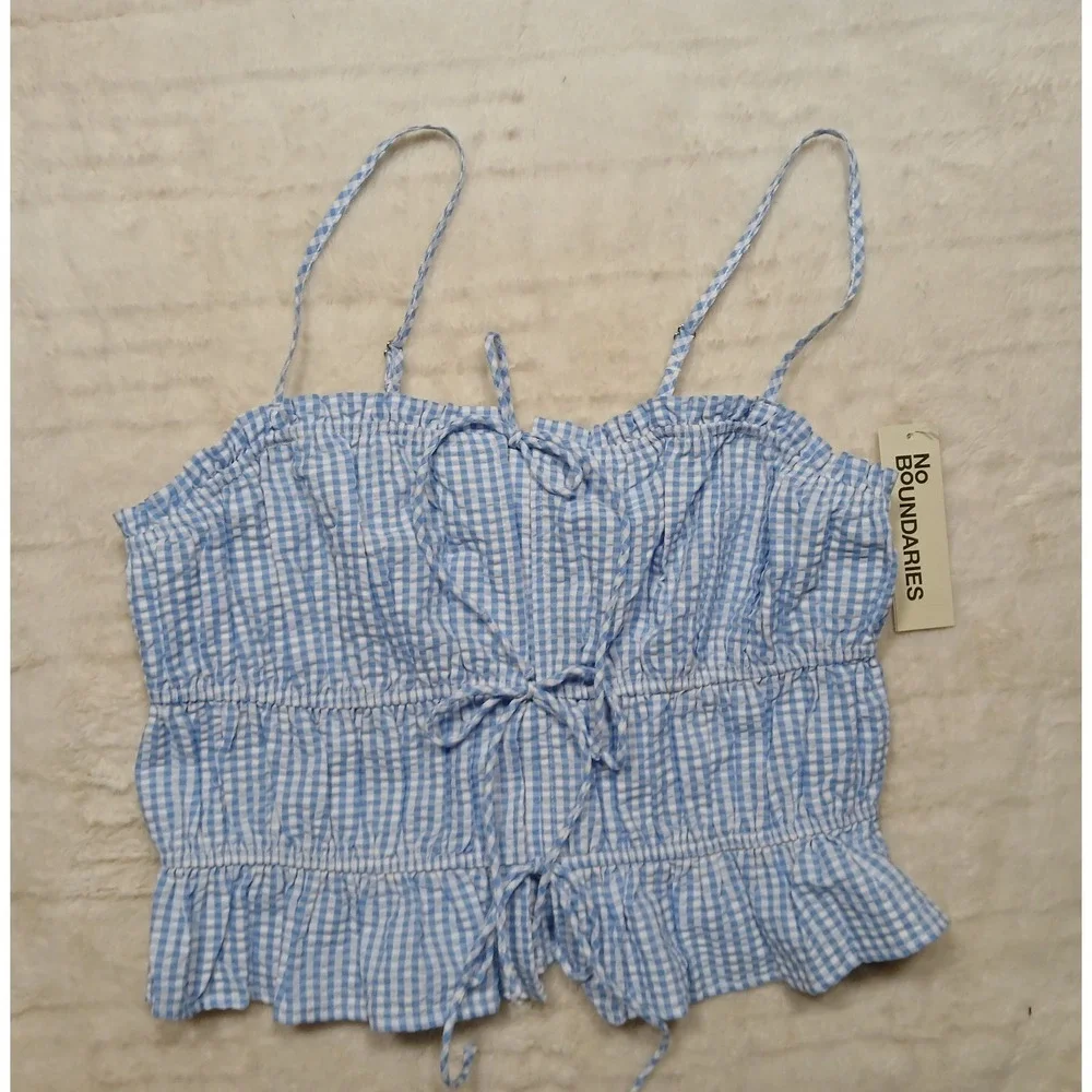NEW No Boundaries Baby Blue Gingham Smocked Cami Crop Top Tie Front Ruffle Hem S